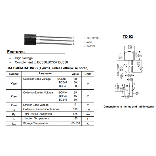 BC547C Bipolar (BJT) Transistor NPN 45V 100mA 150MHz 625mW Through Hole TO-92